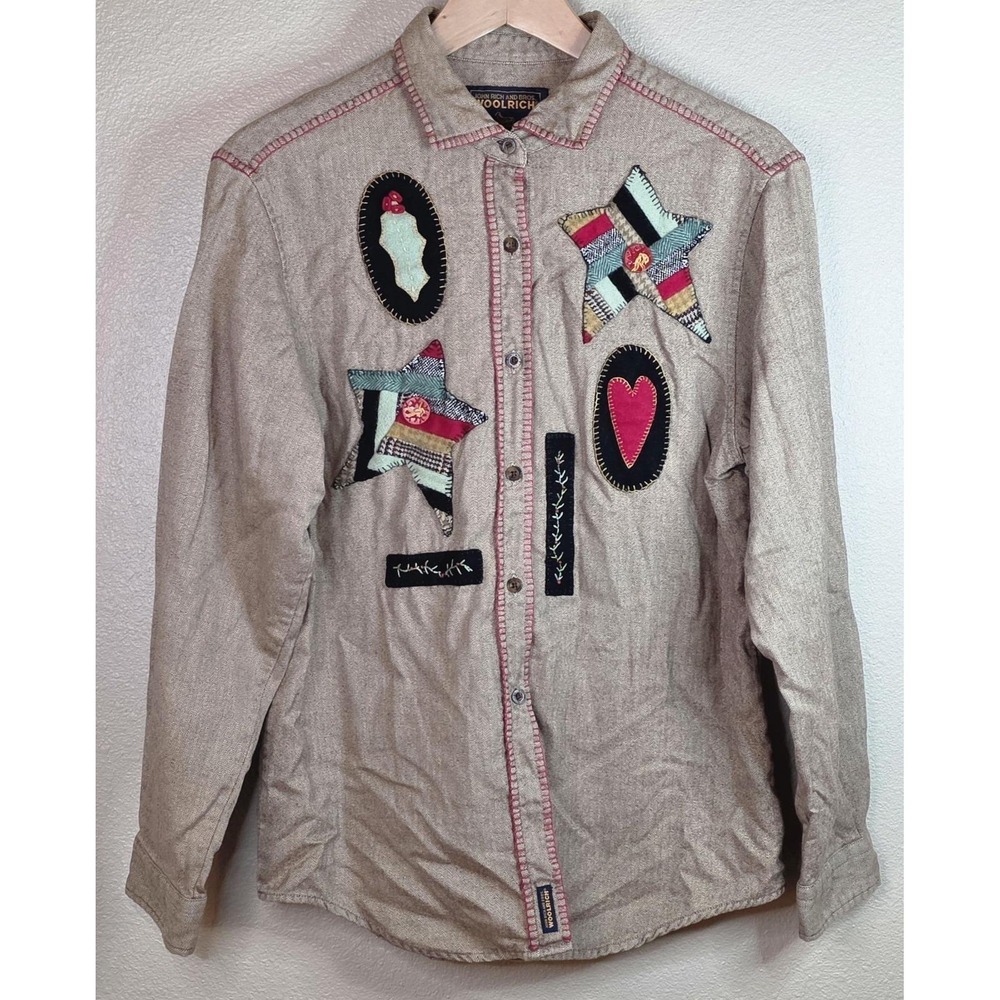 VTG Woolrich Cotton Shirt Embroidered John Rich & Bros Tan M Patchwork Longsleev